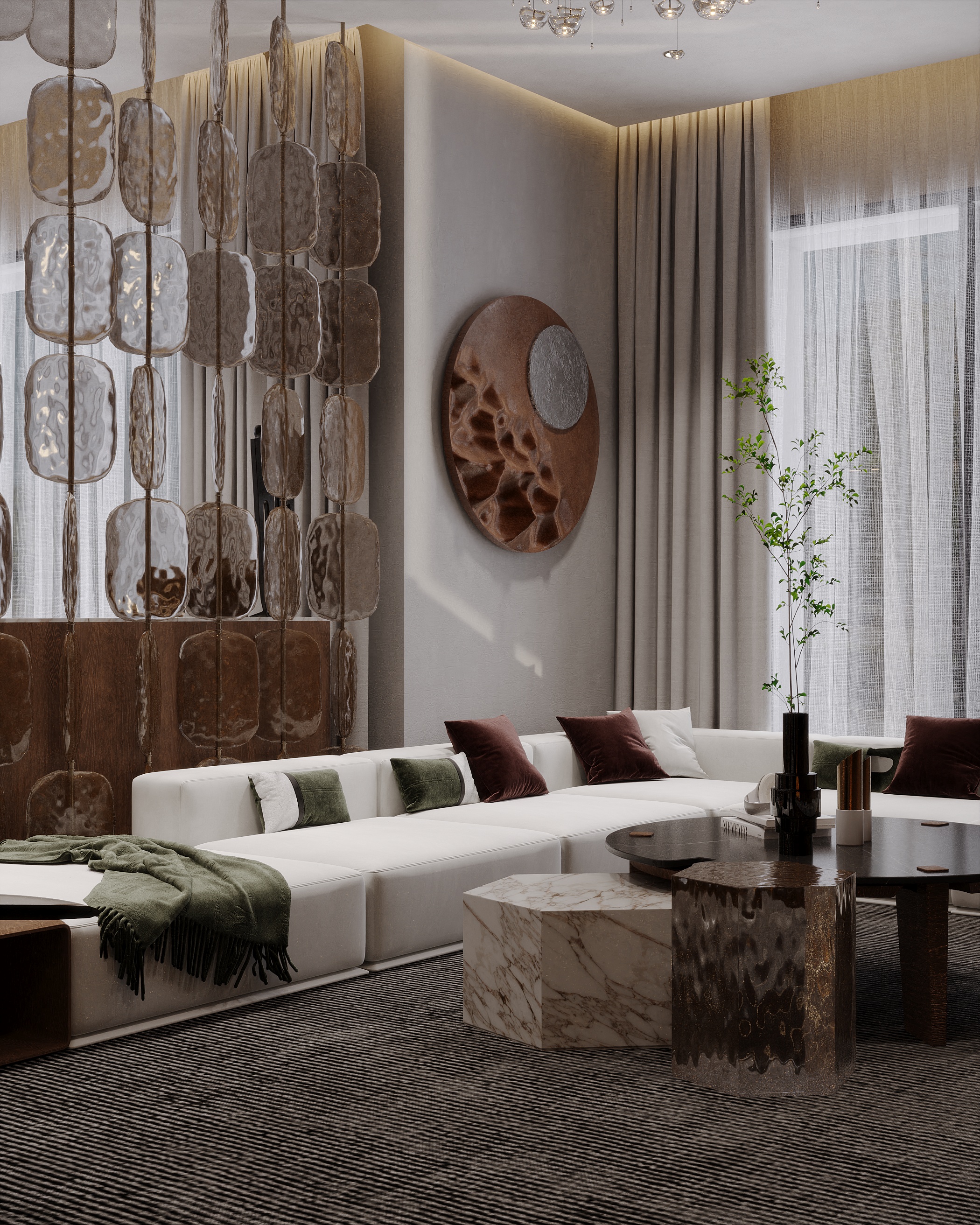 A Kozi Interior living space — warm earthy tones, layered textures, and bespoke joinery